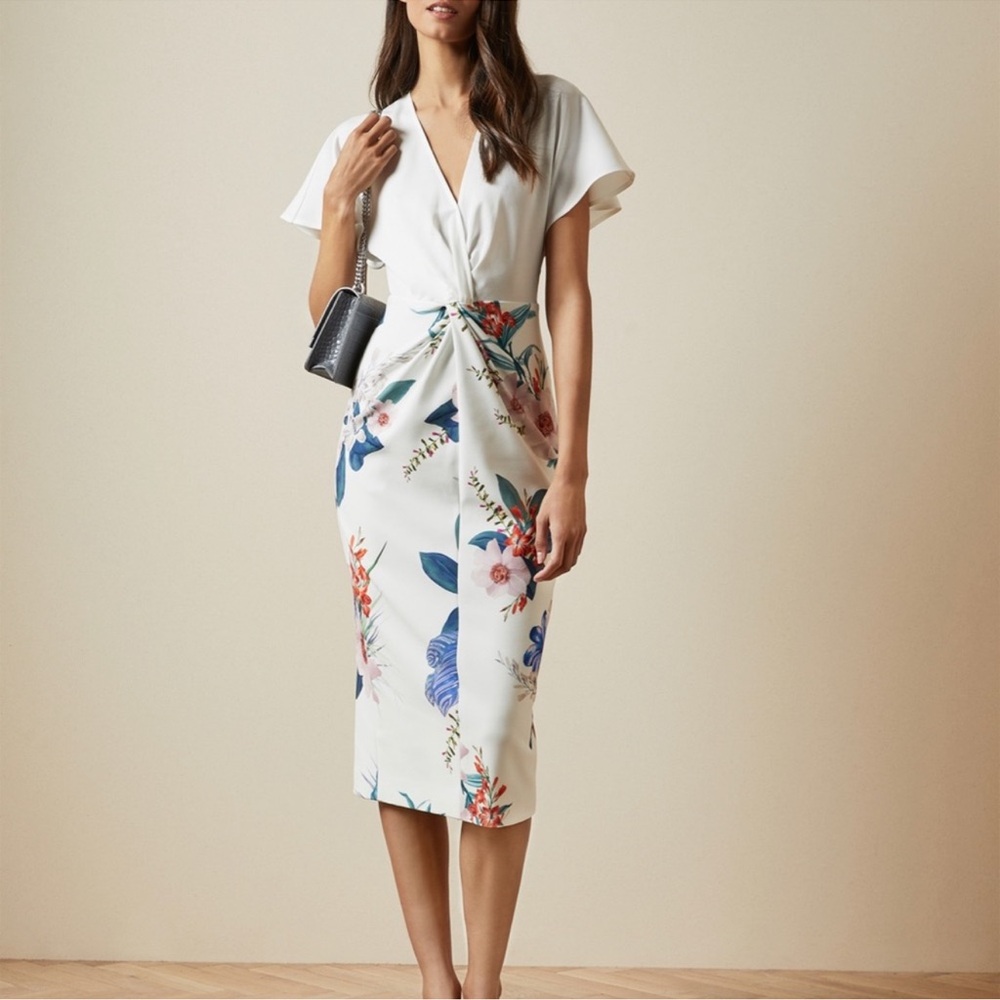 TED BAKER Nerris Jamboree Twist Detail Midi Dress White/ Multi Floral Size 3